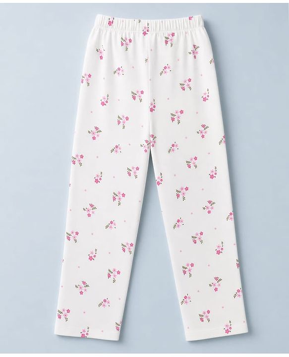 Babyhug 100% Cotton Knit Full Sleeves Co-Ords Front Open Shirt & Pyjama Night Suit with Floral Print - White