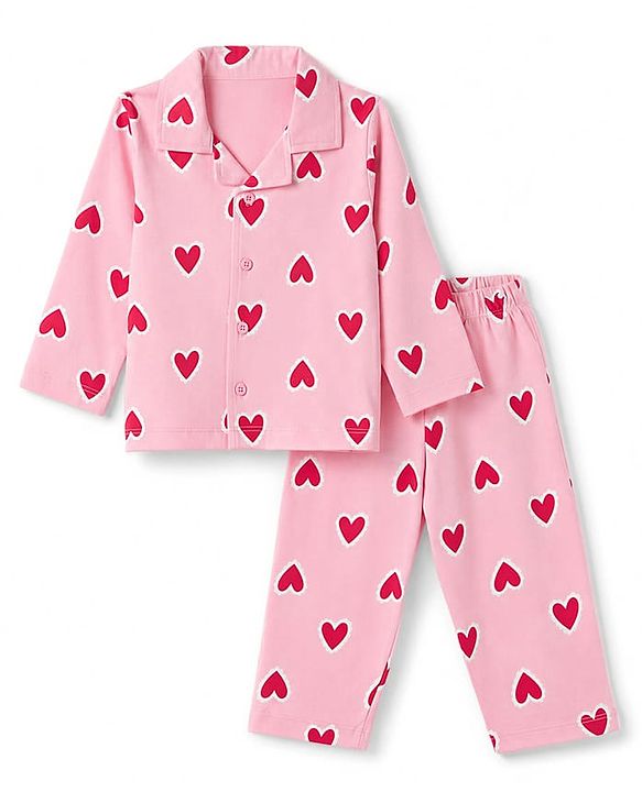 Babyhug Cotton Knit Full Sleeves Co-Ords Front Open Shirt & Pyjama Night Suit with Heart Print - Pink
