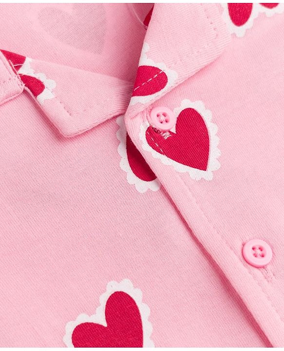 Babyhug Cotton Knit Full Sleeves Co-Ords Front Open Shirt & Pyjama Night Suit with Heart Print - Pink