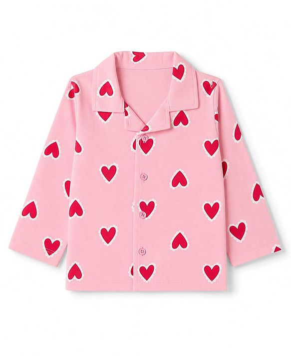 Babyhug Cotton Knit Full Sleeves Co-Ords Front Open Shirt & Pyjama Night Suit with Heart Print - Pink