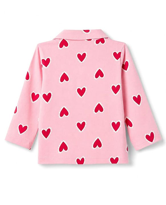 Babyhug Cotton Knit Full Sleeves Co-Ords Front Open Shirt & Pyjama Night Suit with Heart Print - Pink