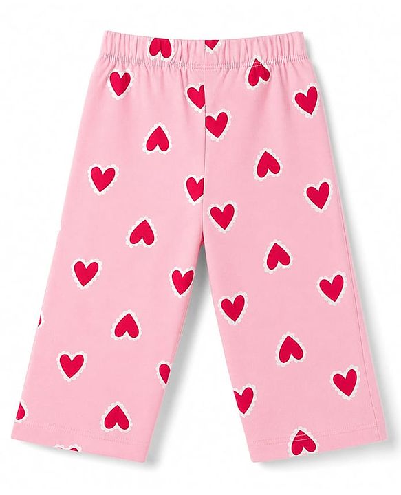 Babyhug Cotton Knit Full Sleeves Co-Ords Front Open Shirt & Pyjama Night Suit with Heart Print - Pink