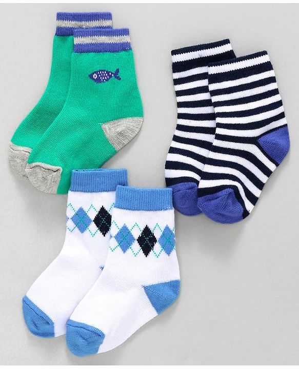 Cute Walk by Babyhug Ankle Length Socks Fish & Diamond Design Pack of 3 - Green White Black
