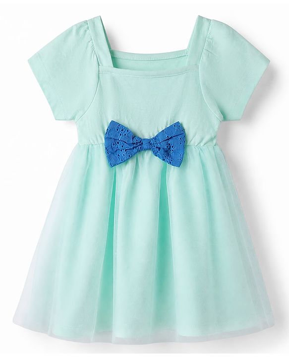 Babyhug Mesh Knit Frock with Half Sleeves and Bow Applique in Light Blue