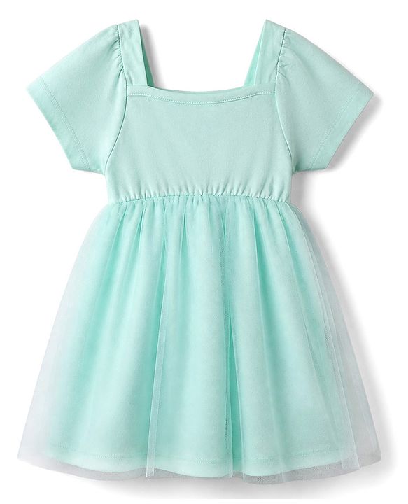 Babyhug Mesh Knit Frock with Half Sleeves and Bow Applique in Light Blue