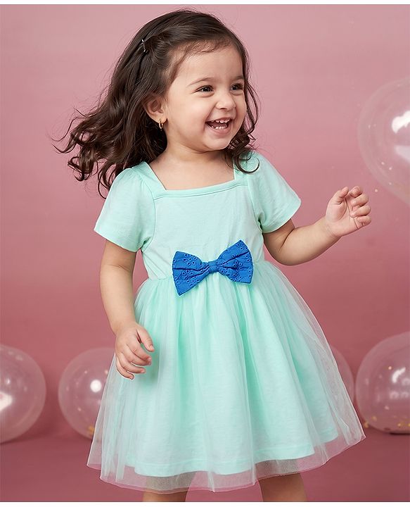 Babyhug Mesh Knit Frock with Half Sleeves and Bow Applique in Light Blue
