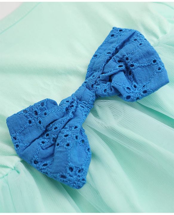 Babyhug Mesh Knit Frock with Half Sleeves and Bow Applique in Light Blue
