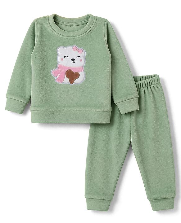 Babyhug Fur Woven Full Sleeves Winter Wear Suit With Bear Applique - Sea Green