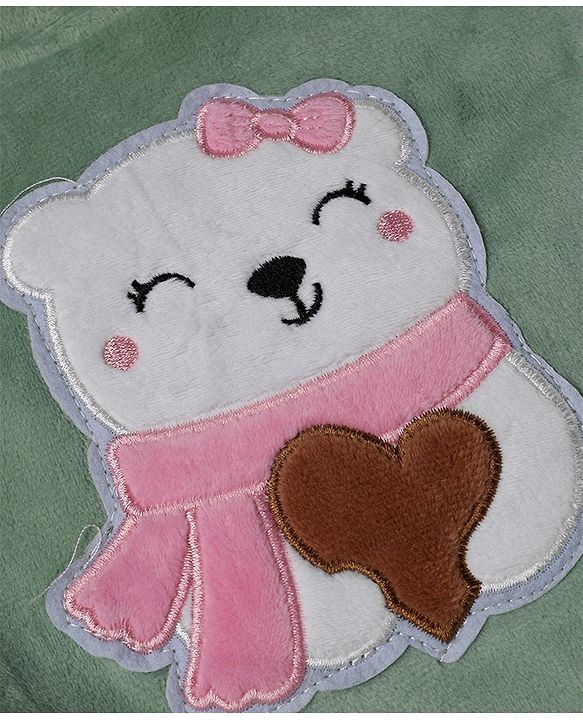 Babyhug Fur Woven Full Sleeves Winter Wear Suit With Bear Applique - Sea Green