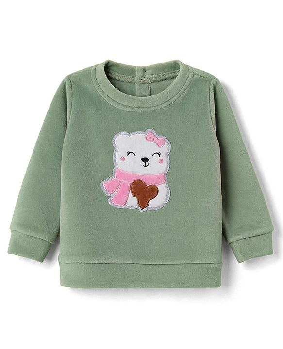 Babyhug Fur Woven Full Sleeves Winter Wear Suit With Bear Applique - Sea Green