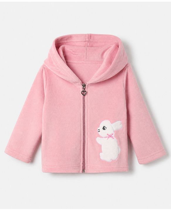 Babyhug Fur Woven Full Sleeves Hooded Winter Wear Suit With Rabbit Patch - Pink