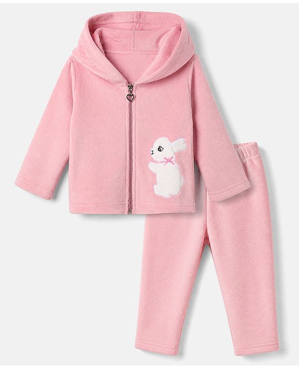 Babyhug Fur Woven Full Sleeves Hooded Winter Wear Suit With Rabbit Patch - Pink
