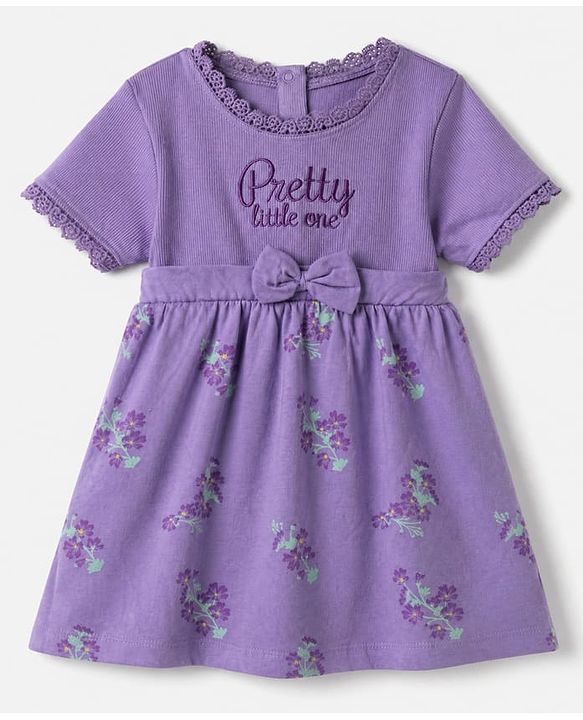 Babyhug Mesh Knit Fit and Flare Frock with Half Sleeves, Back Snap Buttons, Bow and Floral Print in Lilac for 3-6 Months