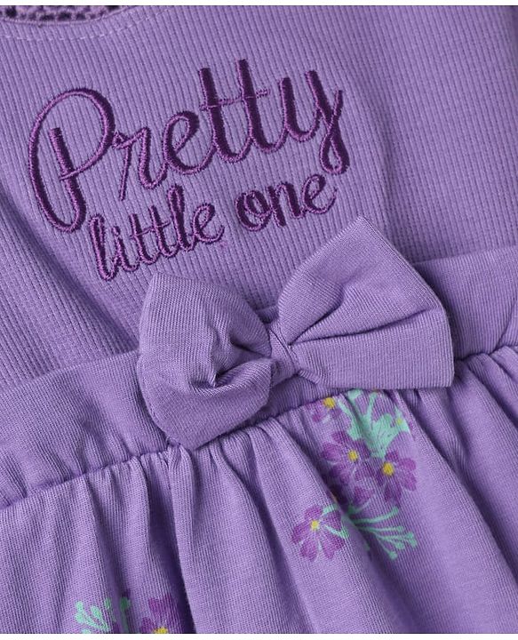 Babyhug Mesh Knit Fit and Flare Frock with Half Sleeves, Back Snap Buttons, Bow and Floral Print in Lilac for 3-6 Months