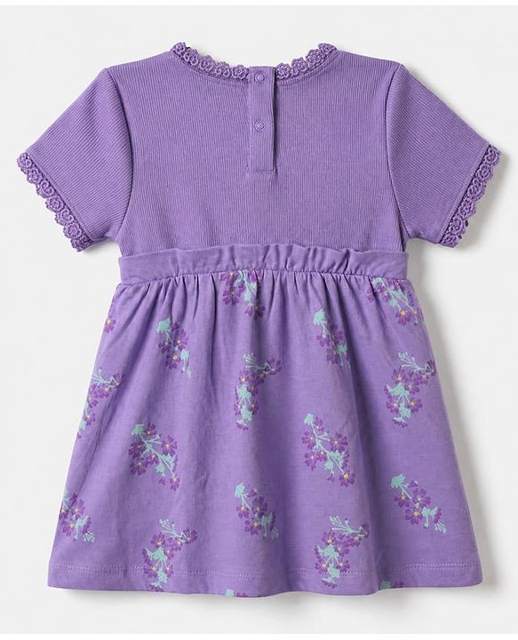 Babyhug Mesh Knit Fit and Flare Frock with Half Sleeves, Back Snap Buttons, Bow and Floral Print in Lilac for 3-6 Months