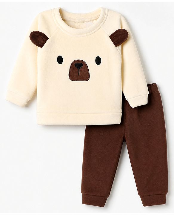Babyhug Fur Woven Full Sleeves Winter Wear Suit With Bear Applique - Beige & Brown