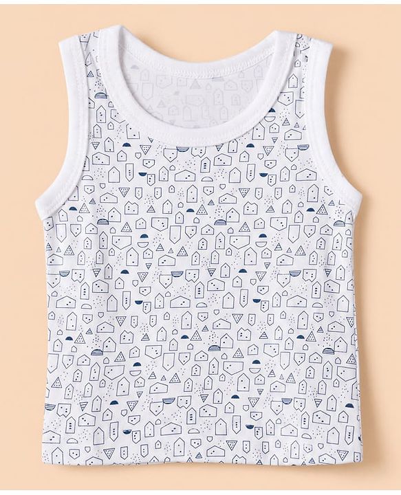 Babyhug 100% Cotton Knit Striped Sleeveless Vests With Geometric Print Pack of 3 -White