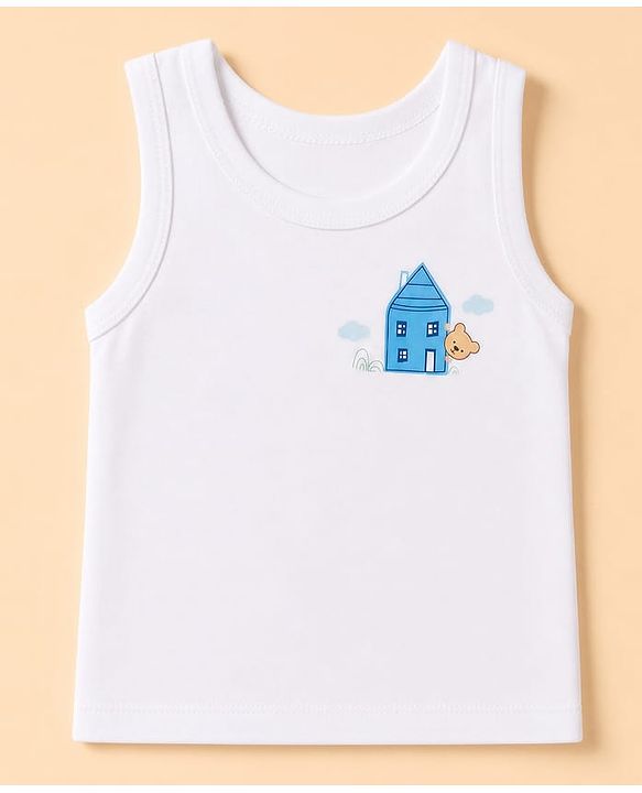 Babyhug 100% Cotton Knit Striped Sleeveless Vests With Geometric Print Pack of 3 -White