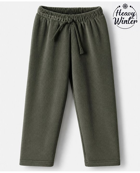 Babyhug Fleece Full Length Fleece and Woollen Pants in Olive Green