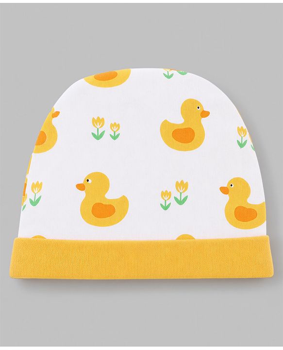 Babyhug 100% Cotton Interlock Knit Cap Mittens & Booties Set With Duck Print White - Diameter 14.5 cm
