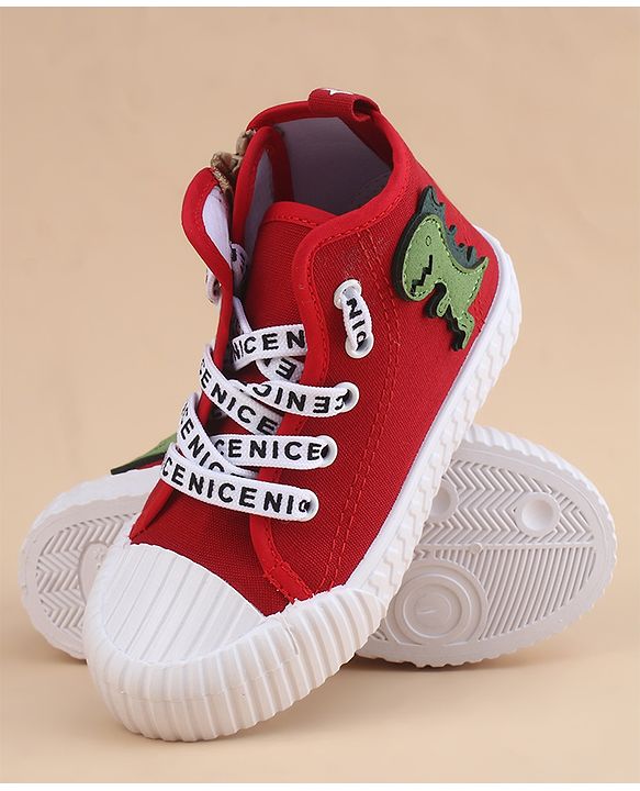 Cute Walk by Babyhug Lace Up Closure Casual Shoes With Dino Applique - Red