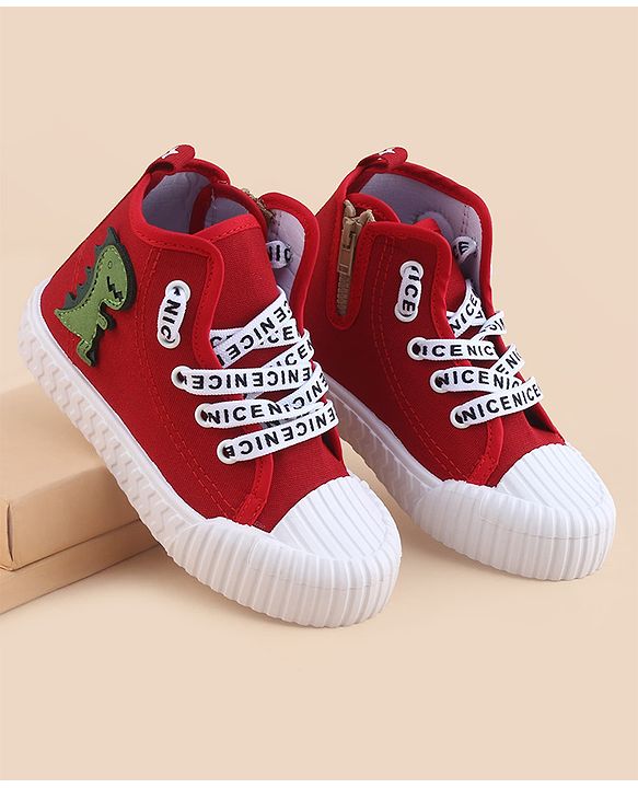 Cute Walk by Babyhug Lace Up Closure Casual Shoes With Dino Applique - Red