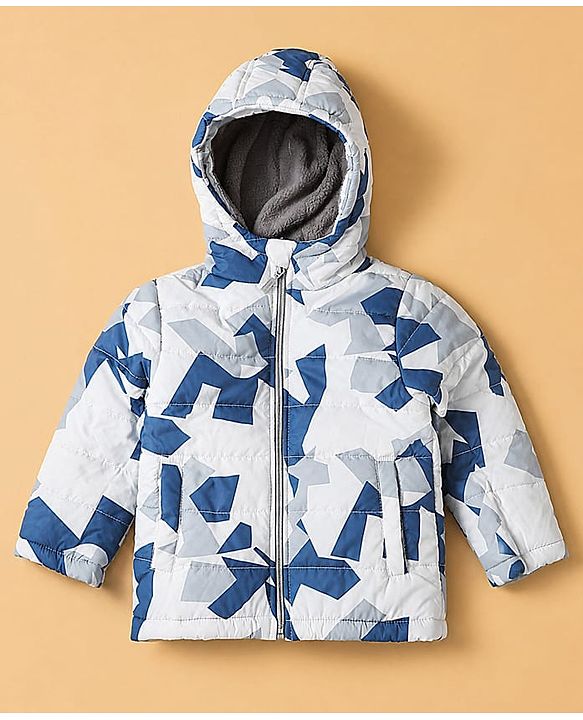 Babyhug Woven Full Sleeves Printed Hooded Padded Winter Jacket - Blue