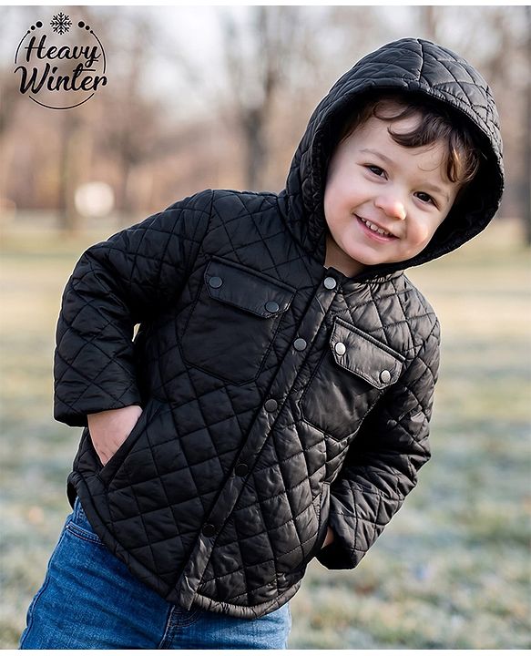 Babyhug Woven Full Sleeves Hooded Padded Solid Colour  Jacket - Black