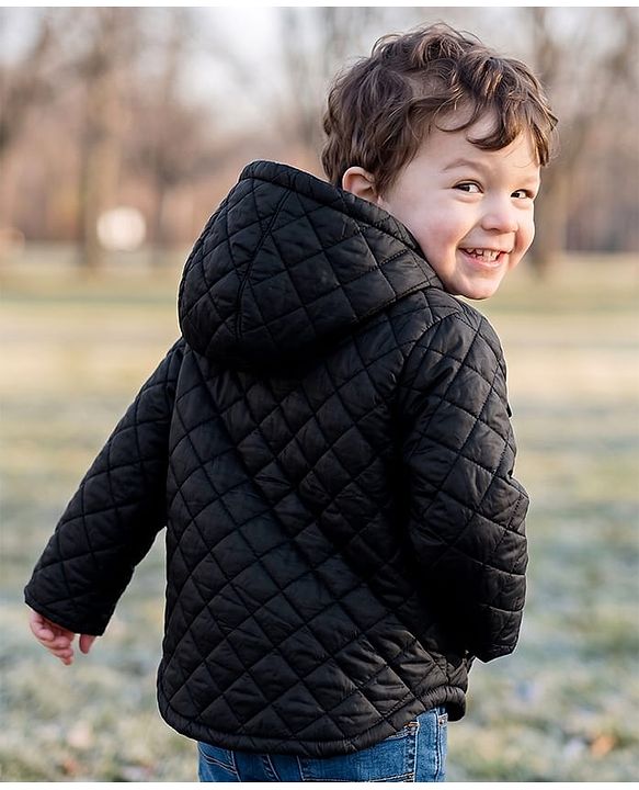 Babyhug Woven Full Sleeves Hooded Padded Solid Colour  Jacket - Black