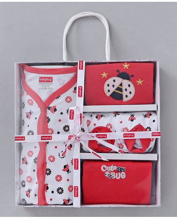 Babyhug Clothing Gift Set Ladybug Embroidery Red white - 5 Pieces