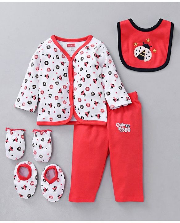 Babyhug Clothing Gift Set Ladybug Embroidery Red white - 5 Pieces