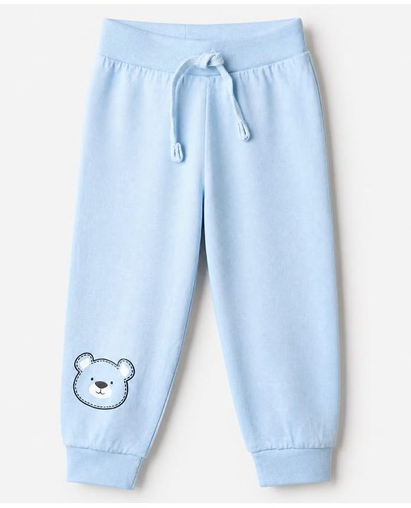 Babyhug Cotton Knit Full Length Joggers with Bear Applique Pack of 3 - Blue Beige Grey