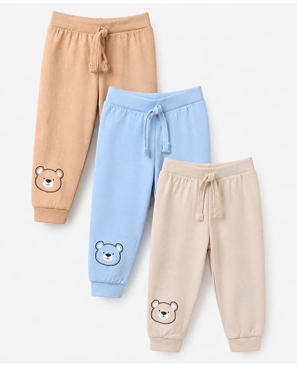 Babyhug Cotton Knit Full Length Joggers with Bear Applique Pack of 3 - Blue Beige Grey