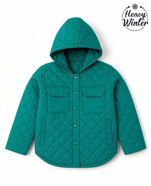 Babyhug Woven Full Sleeves Solid Colour Hooded Padded Jacket - Green