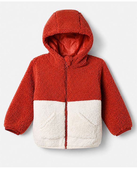 Babyhug Fur Woven Hoodie with Full Sleeves & Colour Block Design in Rust Orange