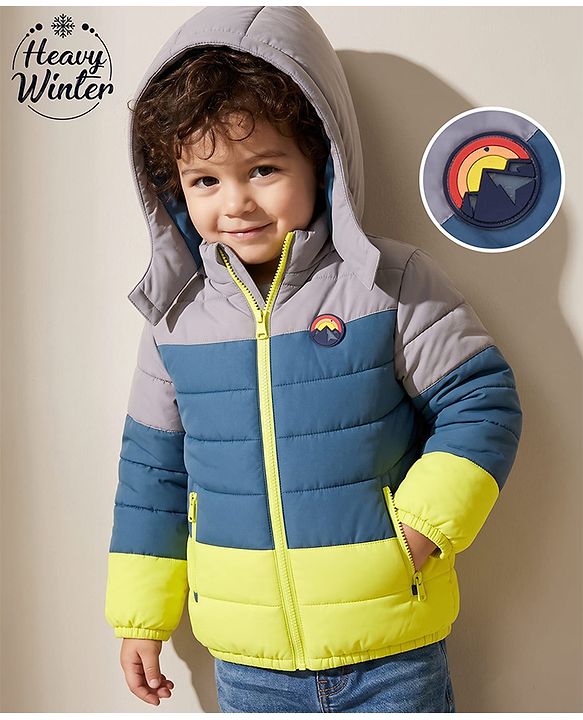 Babyhug Woven Winter Jacket with Full Sleeves and Mountain Patch - Grey