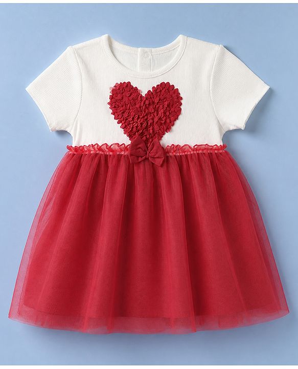 Babyhug Single Jersey Knit Frock with Half Sleeves and Heart Applique in Red