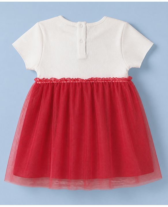 Babyhug Single Jersey Knit Frock with Half Sleeves and Heart Applique in Red