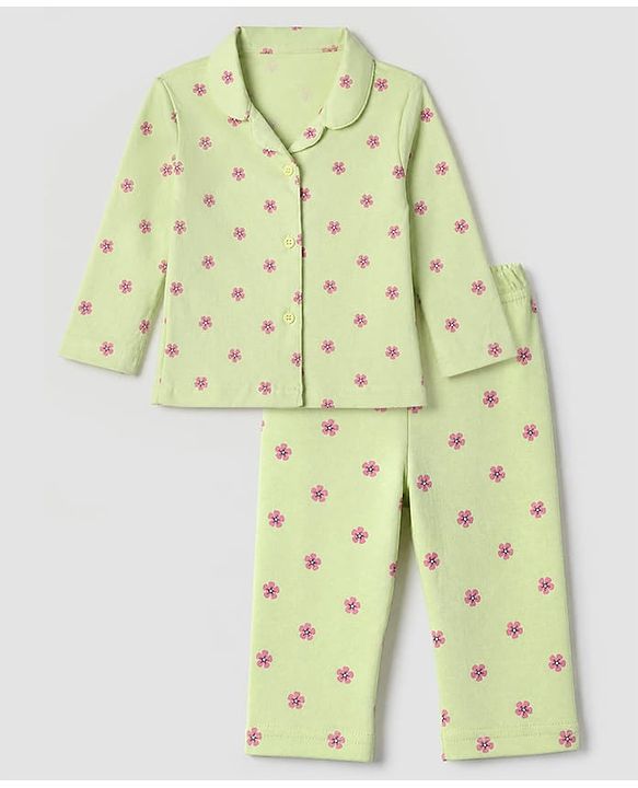 Babyhug Cotton Interlock Knit Front Open Full Sleeves Co-ord Shirt & Pajama Night Suit with Floral Print - Lime Yellow