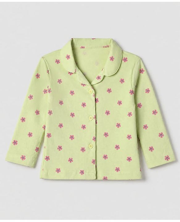 Babyhug Cotton Interlock Knit Front Open Full Sleeves Co-ord Shirt & Pajama Night Suit with Floral Print - Lime Yellow