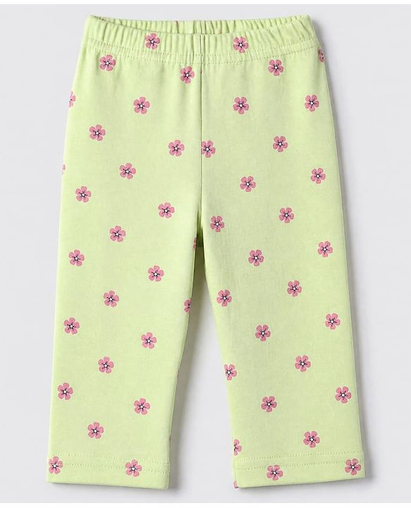 Babyhug Cotton Interlock Knit Front Open Full Sleeves Co-ord Shirt & Pajama Night Suit with Floral Print - Lime Yellow