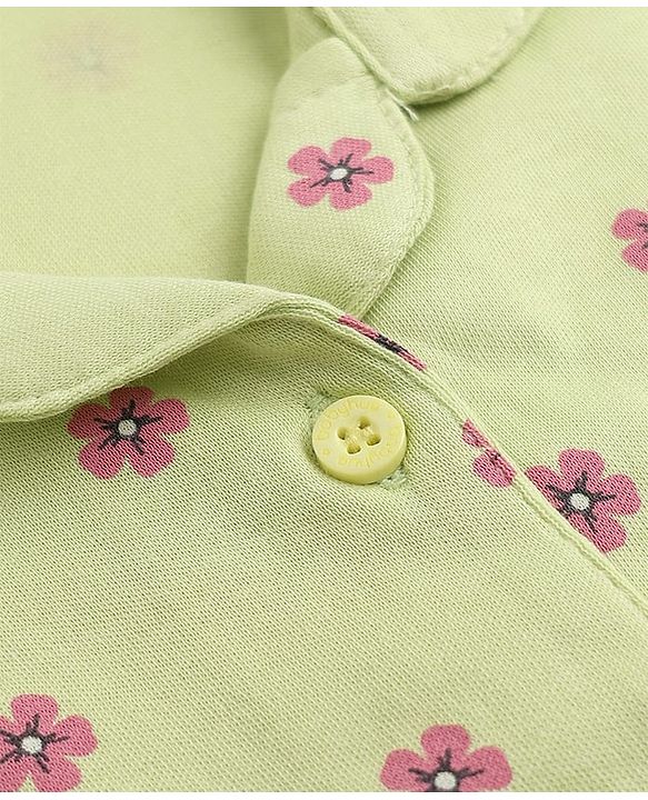 Babyhug Cotton Interlock Knit Front Open Full Sleeves Co-ord Shirt & Pajama Night Suit with Floral Print - Lime Yellow