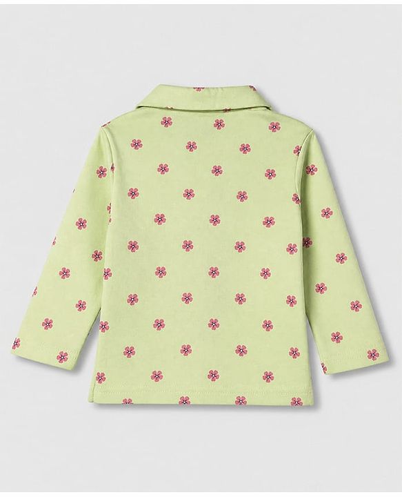 Babyhug Cotton Interlock Knit Front Open Full Sleeves Co-ord Shirt & Pajama Night Suit with Floral Print - Lime Yellow