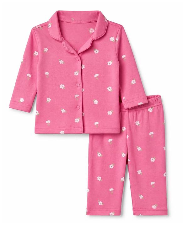 Babyhug 100% Cotton Interlock Knit Full Sleeves Front Open Co-ord Shirt & Pyjama Night Suit with Flowers Print - Pink