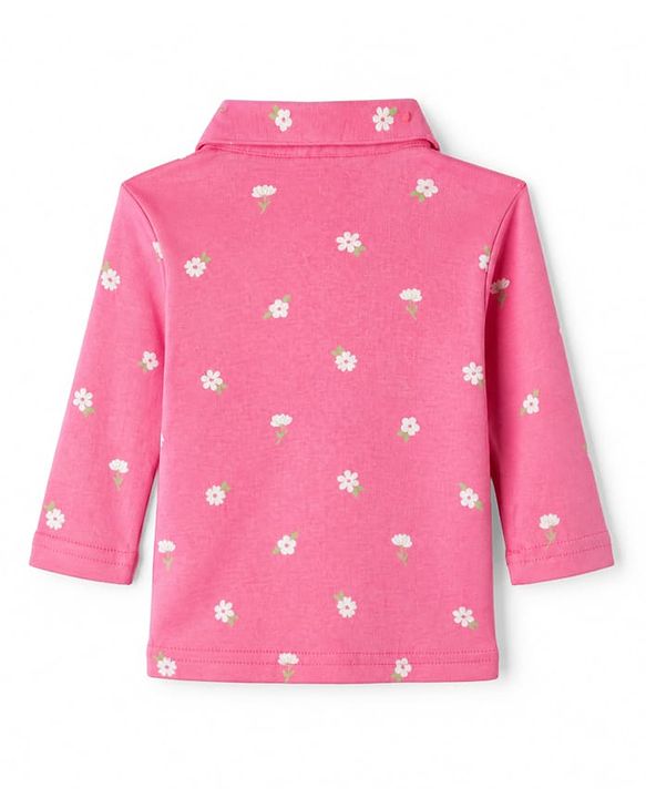 Babyhug 100% Cotton Interlock Knit Full Sleeves Front Open Co-ord Shirt & Pyjama Night Suit with Flowers Print - Pink