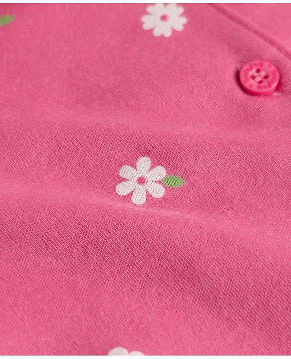 Babyhug 100% Cotton Interlock Knit Full Sleeves Front Open Co-ord Shirt & Pyjama Night Suit with Flowers Print - Pink