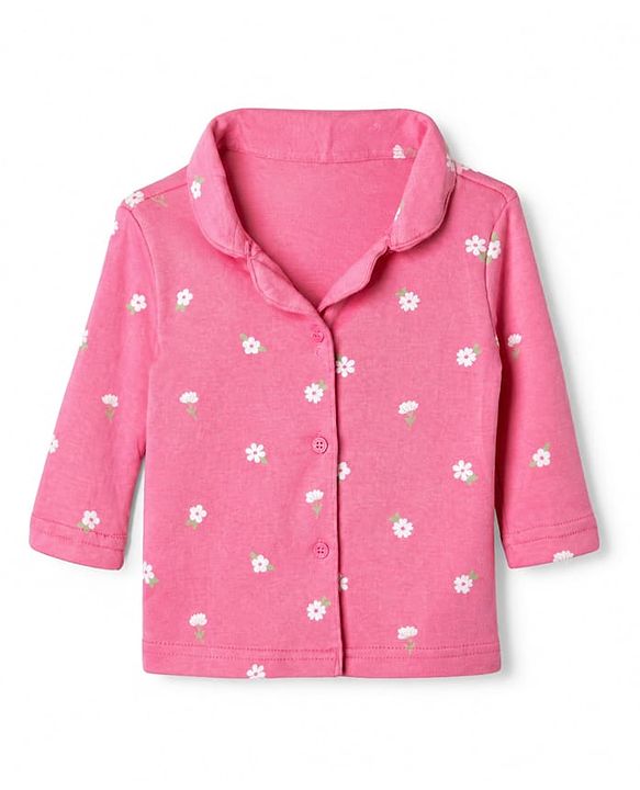 Babyhug 100% Cotton Interlock Knit Full Sleeves Front Open Co-ord Shirt & Pyjama Night Suit with Flowers Print - Pink