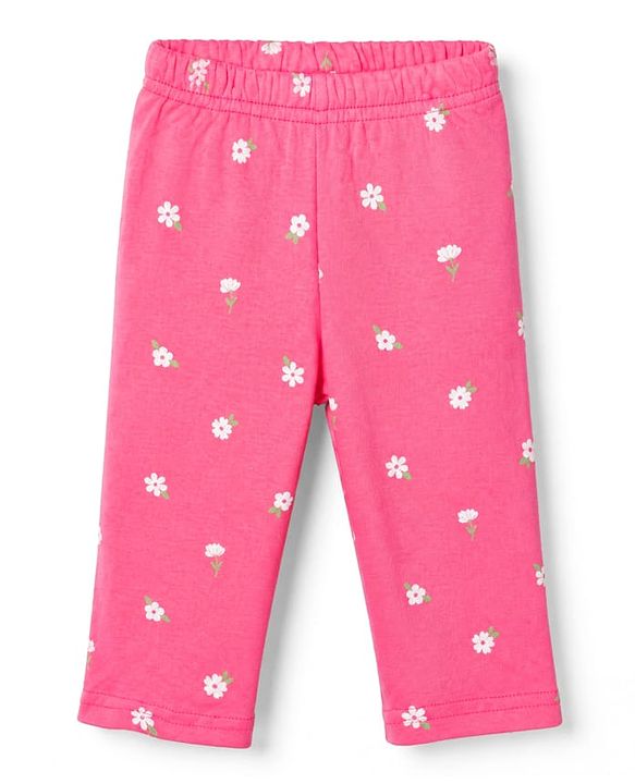 Babyhug 100% Cotton Interlock Knit Full Sleeves Front Open Co-ord Shirt & Pyjama Night Suit with Flowers Print - Pink