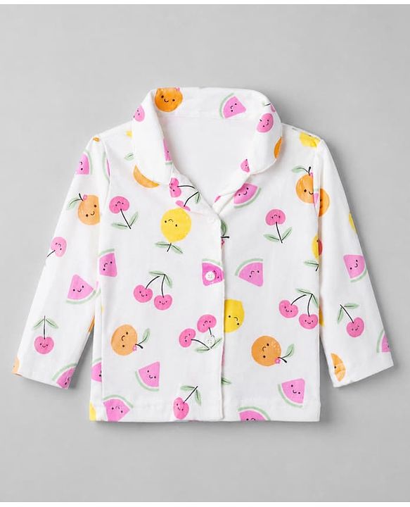 Babyhug Interlock Knit Full Sleeves Front Open Shirt Pyjama Co-Ords Night Suit With Cherry Print- White