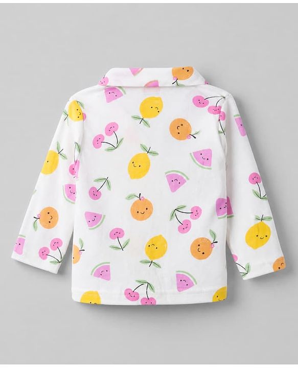 Babyhug Interlock Knit Full Sleeves Front Open Shirt Pyjama Co-Ords Night Suit With Cherry Print- White